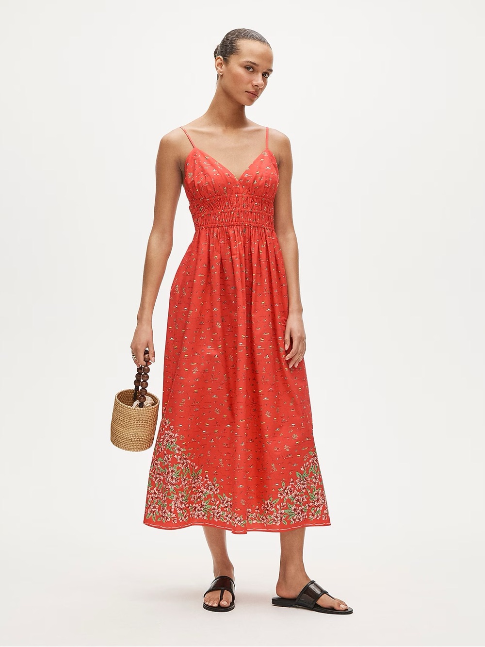 J. Crew Coral Red Floral Border Maxi Dress